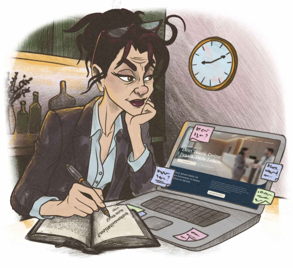 Claudia recherchiert am Laptop und macht sich Notizen, während sie überlegt, wann ihr Partner zum Kardiologen sollte.