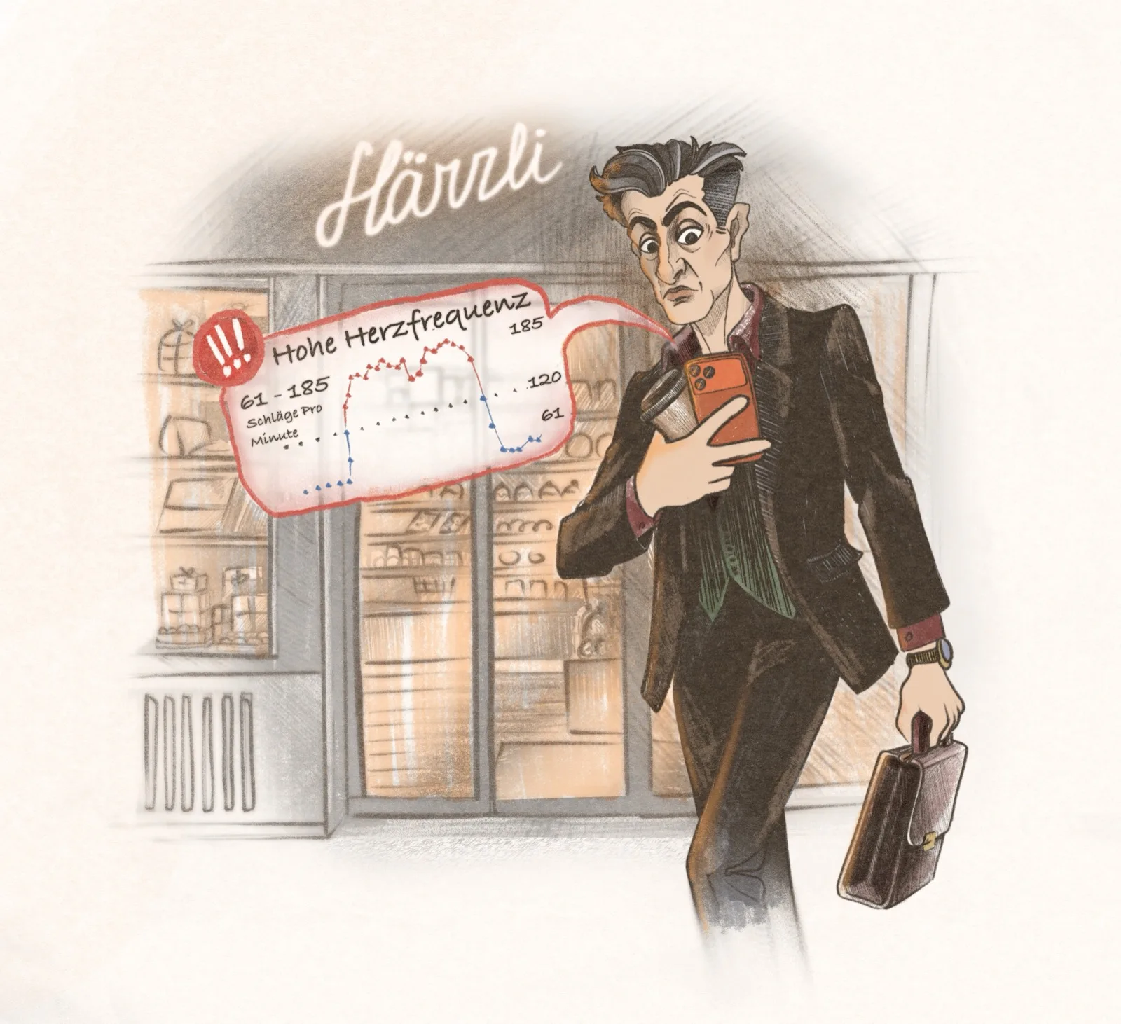 Thomas vor dem Härzli-Schaufenster, die Hand am Brustbein, während seine Smartwatch eine hohe Herzfrequenz meldet.