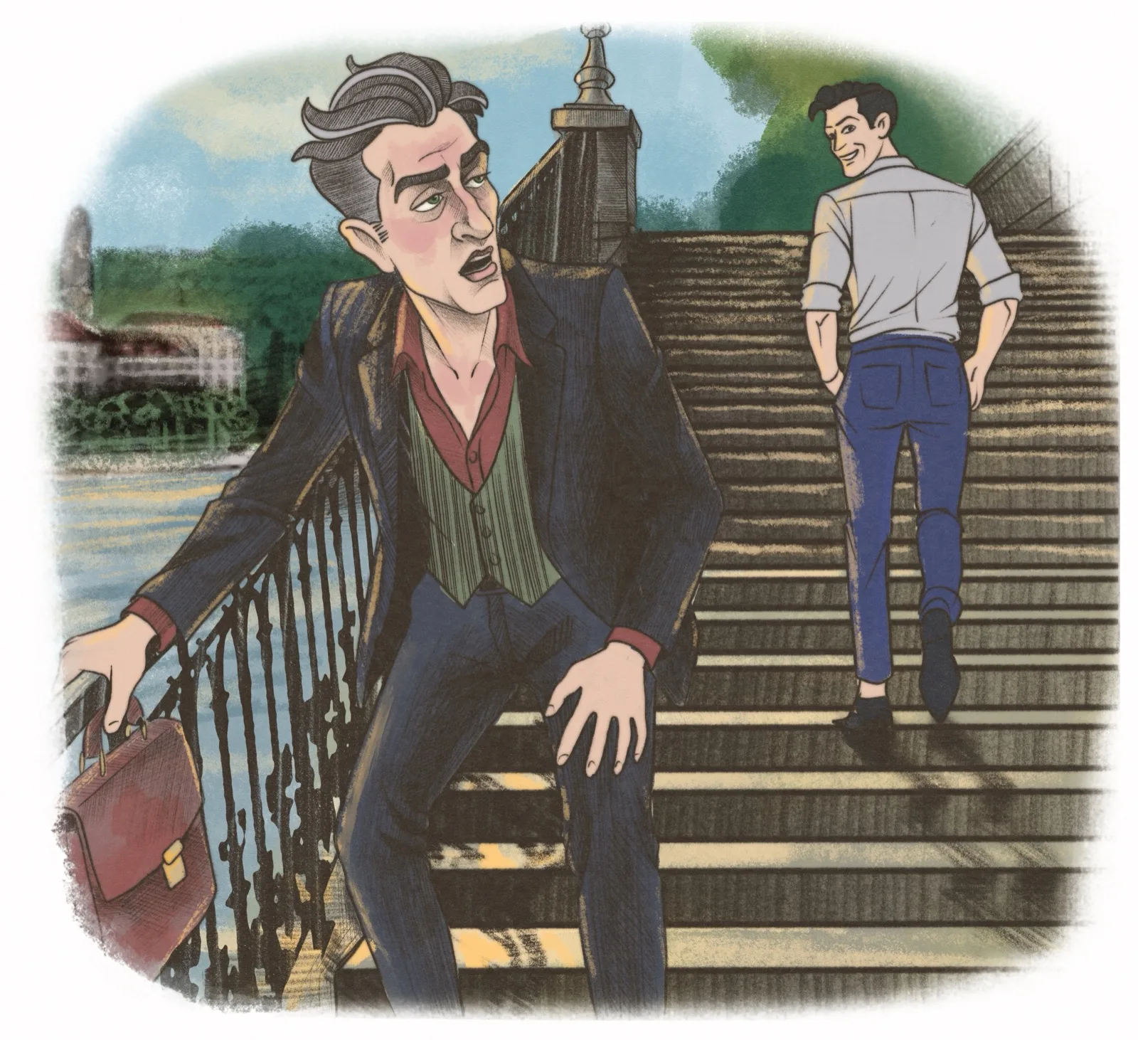 Thomas hält ausser Atem auf einer Treppe am Utoquai inne, eine Hand am Geländer.