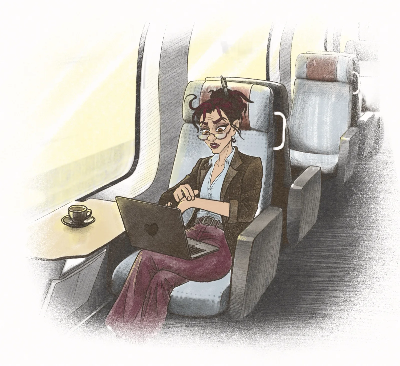 Claudia auf dem Weg zur Arbeit in der ersten Klasse der S-Bahn, Laptop auf den Knien, konzentriert bei der eigenen Recherche, Stift im Haar.