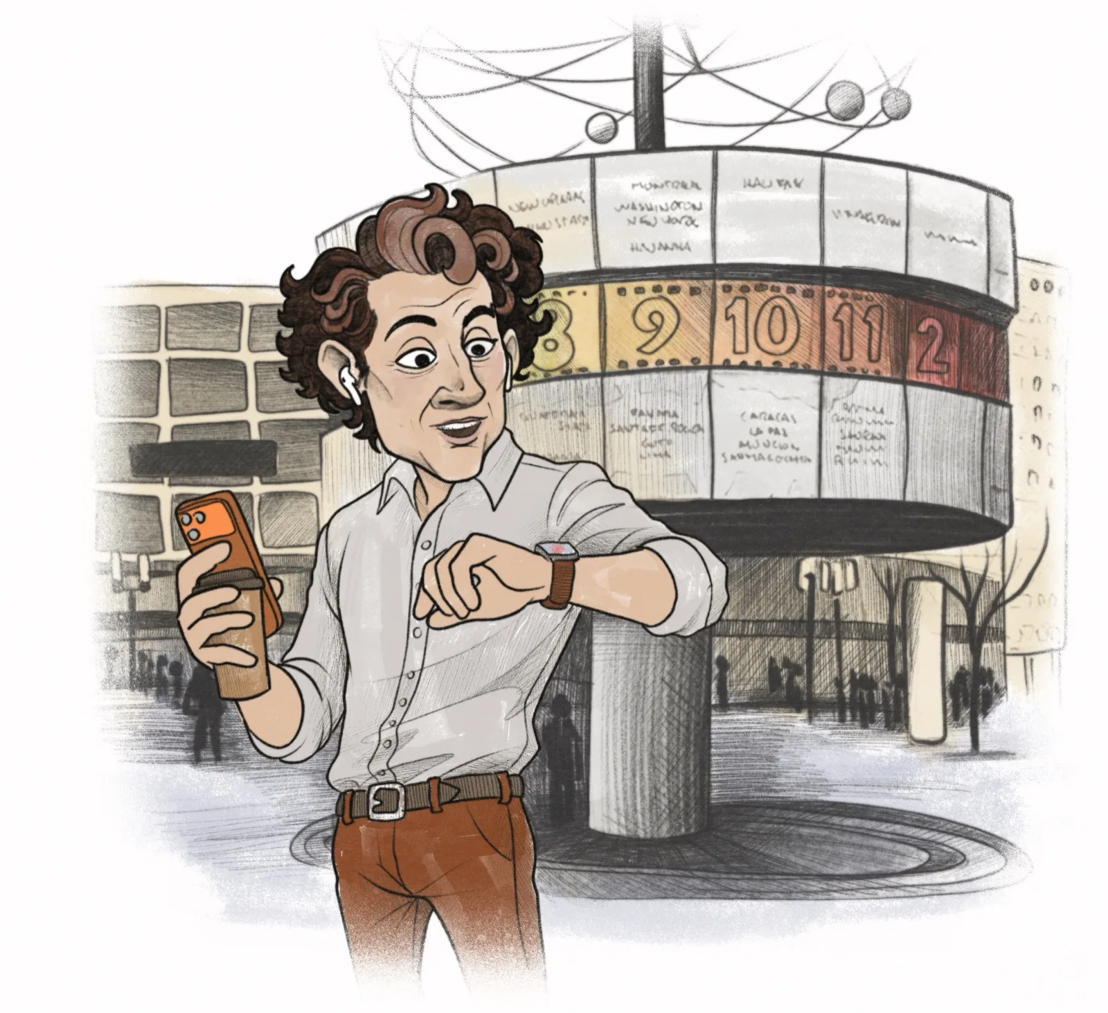 Marco prüft auf dem Alexanderplatz seine Smartwatch, die einen möglichen unregelmässigen Rhythmus meldet.