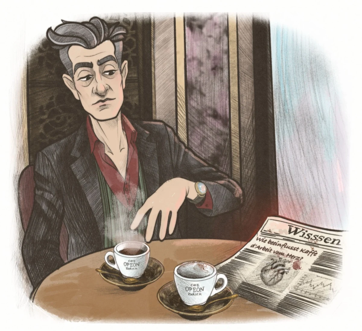 Thomas im Café Odeon mit Espresso und Zeitung, in Gedanken bei der Vorsorge.
